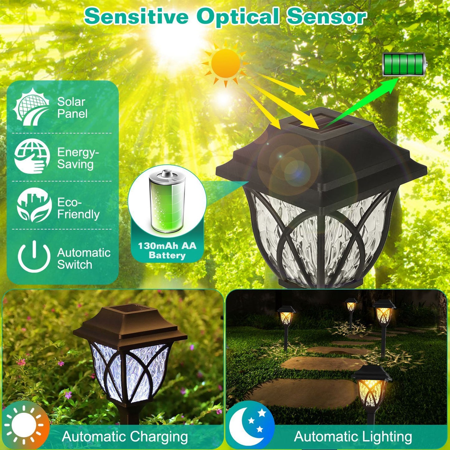 Solar-powered outdoor light with energy-saving features and automatic charging/lighting functions.