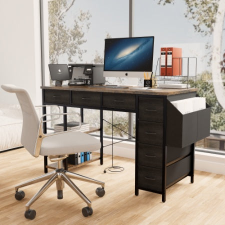 47-Inch Computer Desk with Power Outlet – Rustic Brown Writing Desk with 7 Fabric Drawers & Large Side Pocket