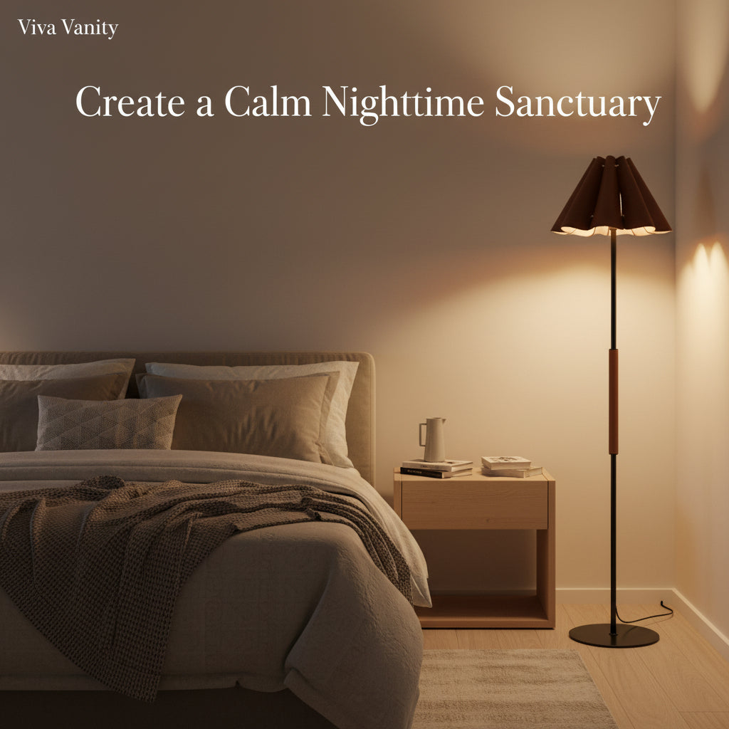 Modern floor lamp in a living room setting with beige sofa and decor.