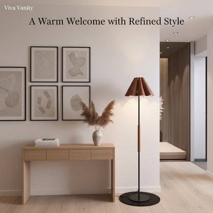 Modern floor lamp in a living room setting with beige sofa and decor.