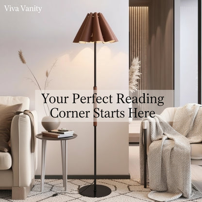Modern living room with a floor lamp, sofa, and armchair, featuring 'Viva Vanity' branding.