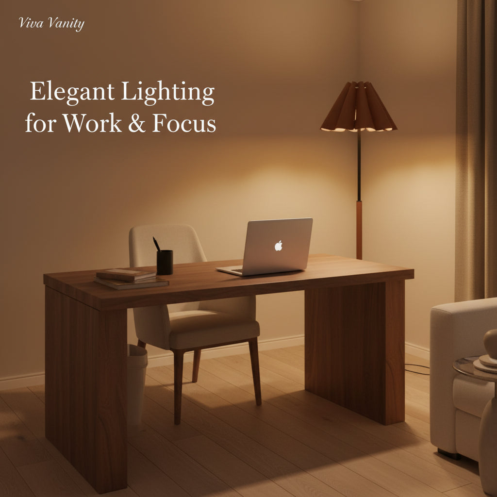 Modern floor lamp in a living room setting with beige sofa and decor.