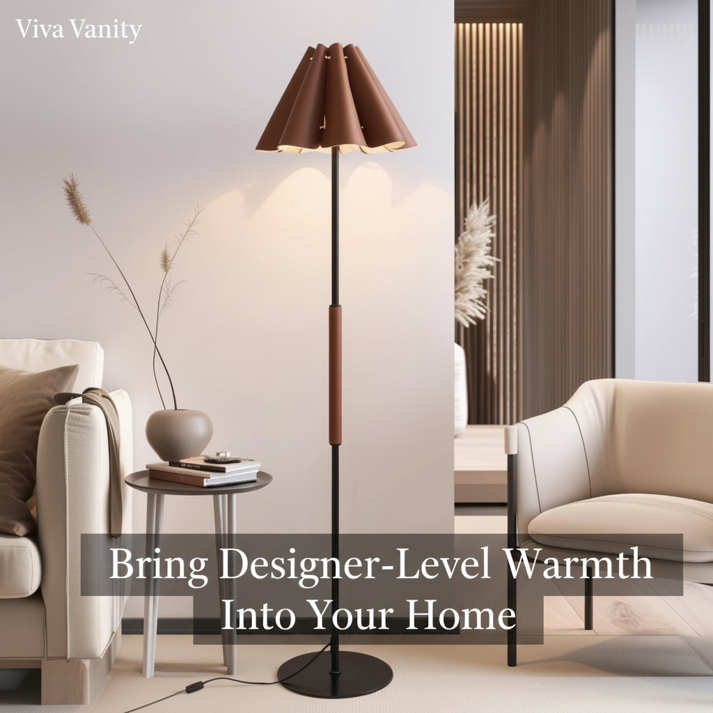 Modern floor lamp in a living room setting with beige sofa and decor.