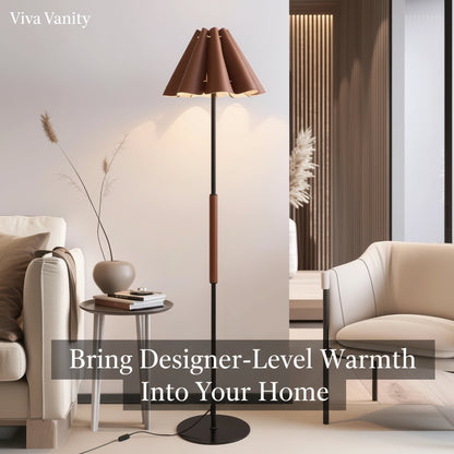 Modern floor lamp in a living room setting with beige sofa and decor.