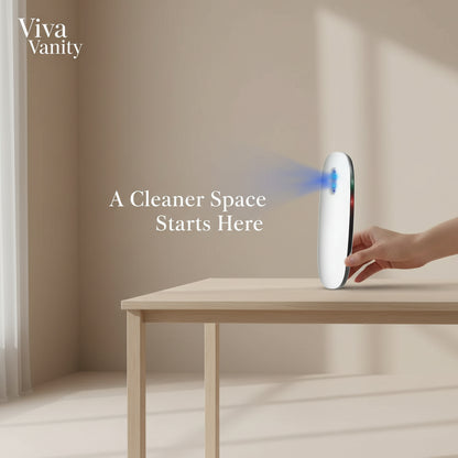 UV disinfection lamp with visual representation of UV light spectrum, alongside illustrations showing the effect of the lamp on disinfecting germs and bacteria on a brush.