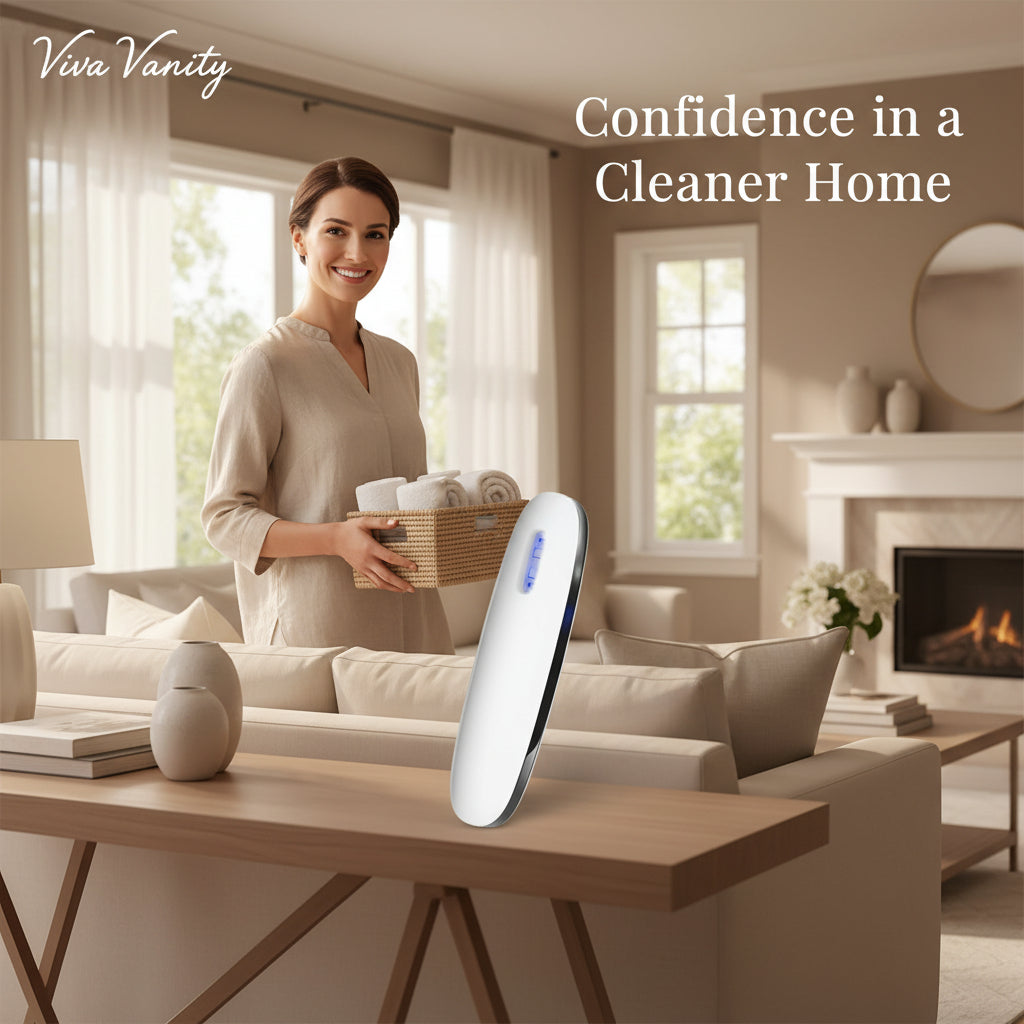 White handheld device with UV light, brush, and before-and-after graphics on a white background