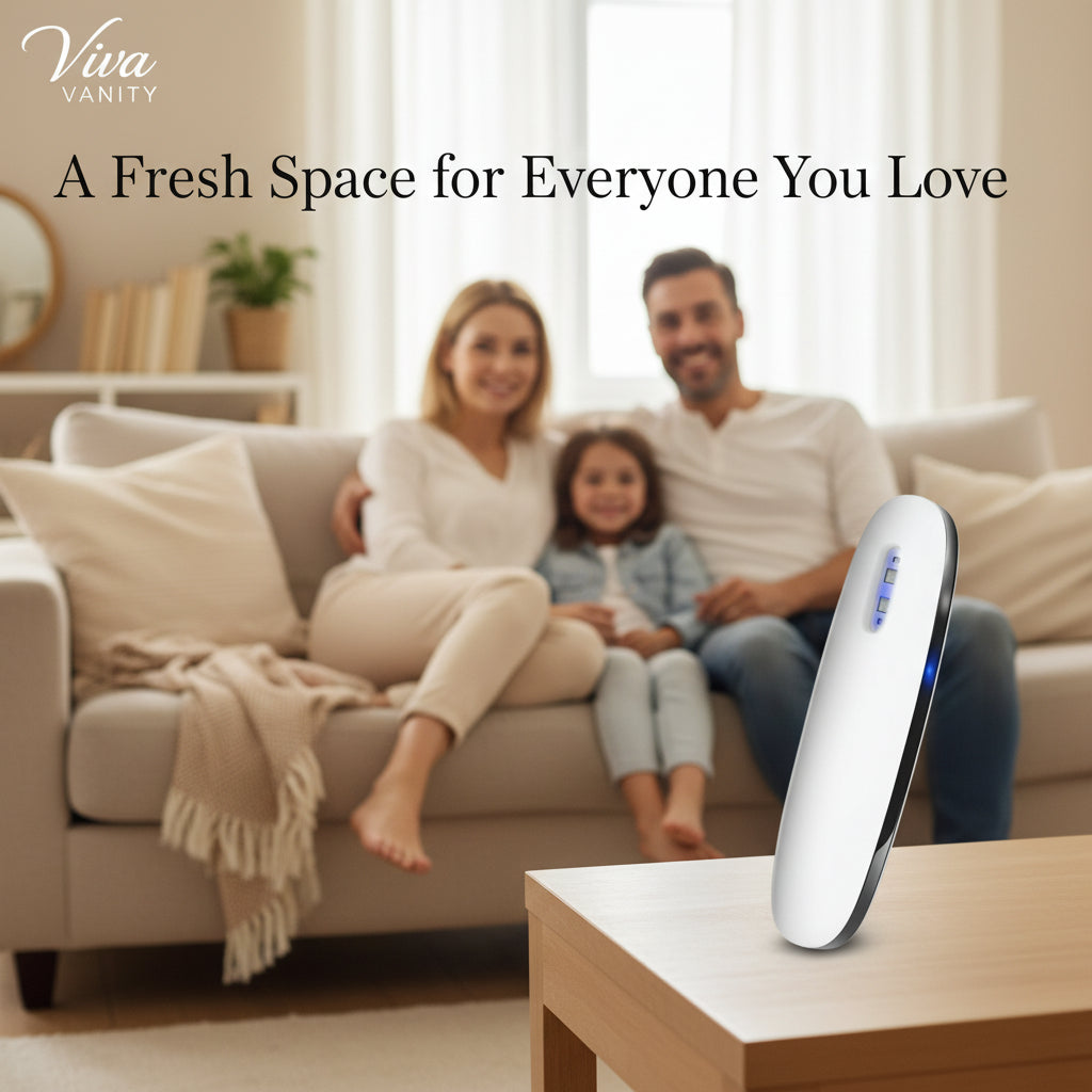 Ultraviolet light device for cleaning surfaces with icons of germs and clean surfaces.