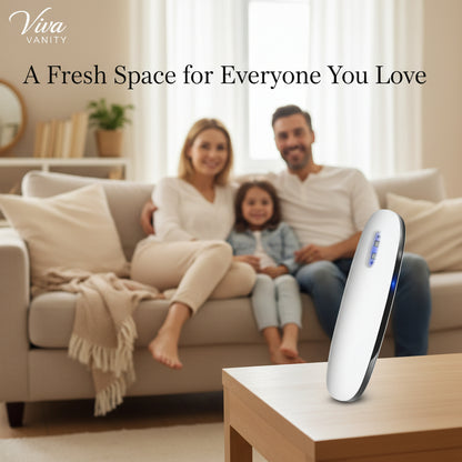 Ultraviolet light device for cleaning surfaces with icons of germs and clean surfaces.