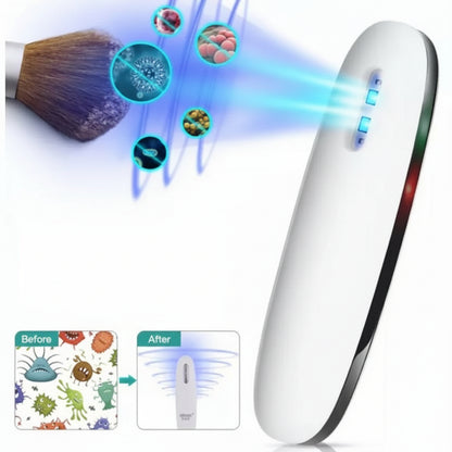 White electronic device with blue light, brush, and before-and-after germ reduction graphics on a white background