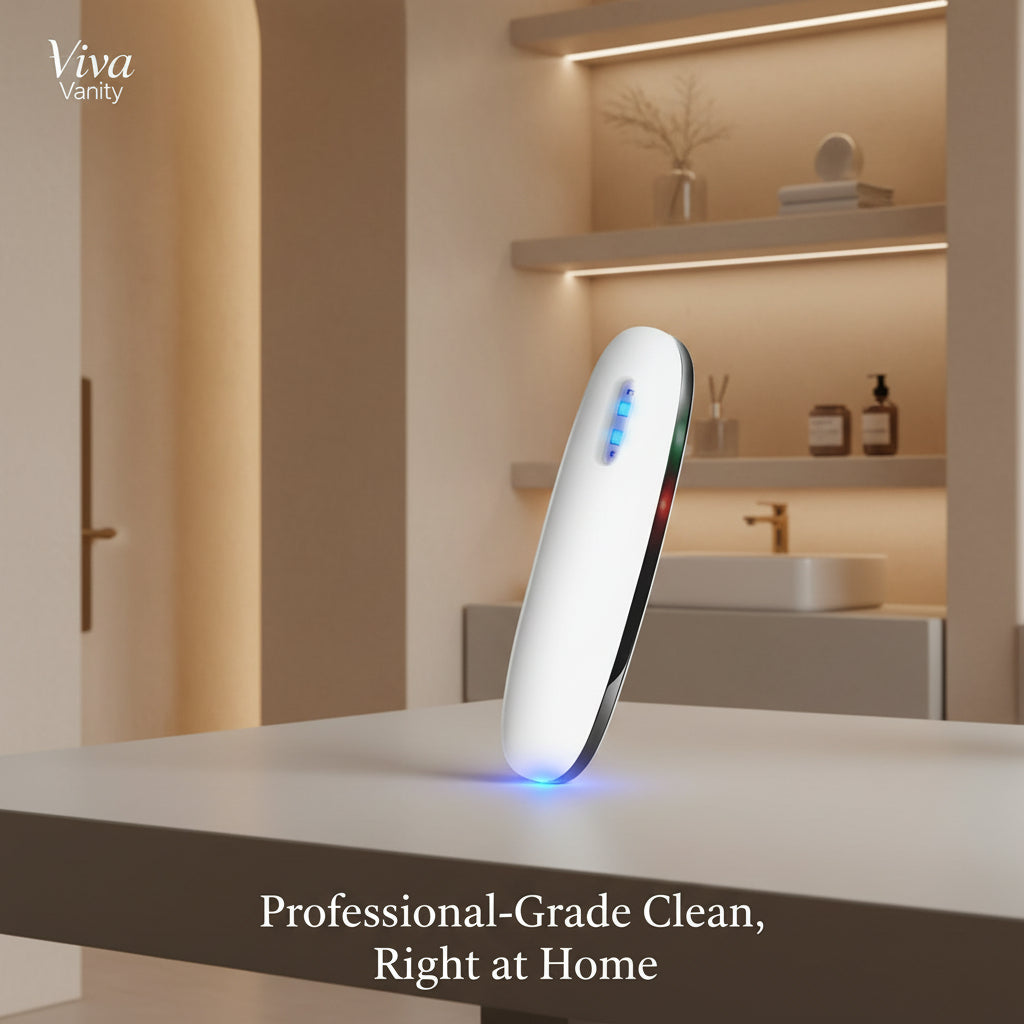 White handheld device with UV light, brush, and before-and-after icons on a white background