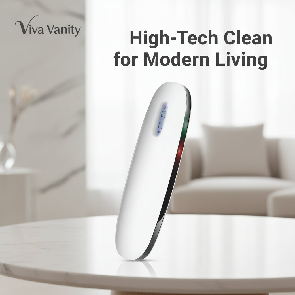 White handheld device with UV light, brush, and before-and-after icons on a white background