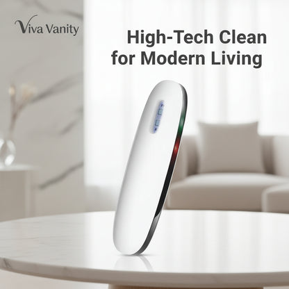 White handheld device with UV light, brush, and before-and-after icons on a white background