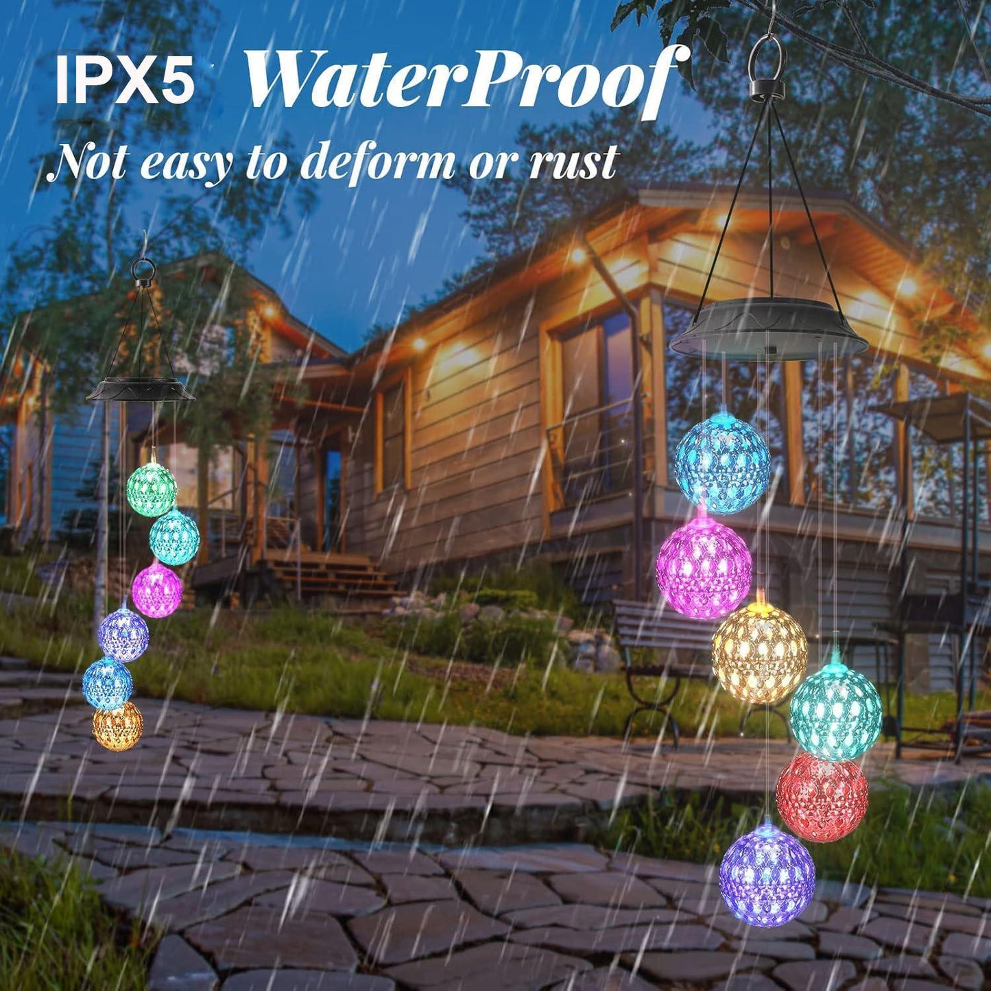 Colorful hanging decorative lights in front of a wooden cabin with rain falling.