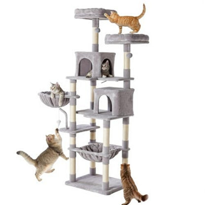 Cat tree with multiple levels and shelves on a white background