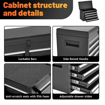 Tool Chest, 5-Drawer Rolling Tool Storage Cabinet With Detachable Top Tool Box, Liner, Universal Lockable Wheels, Adjustable Shelf, Locking Mechanism, Metal Tool Cart For Garage Workshop