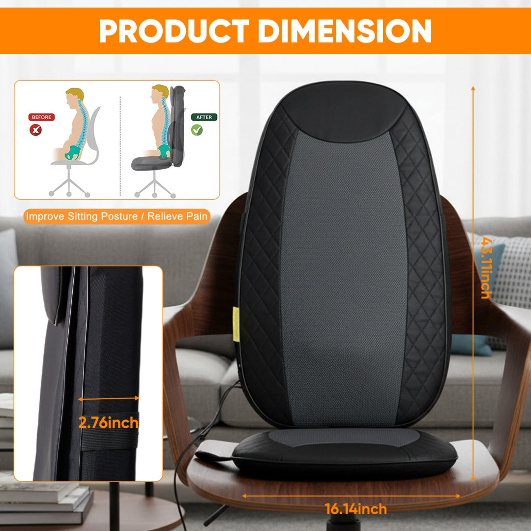 Massage chair pad with dimensions and benefits displayed on a chair