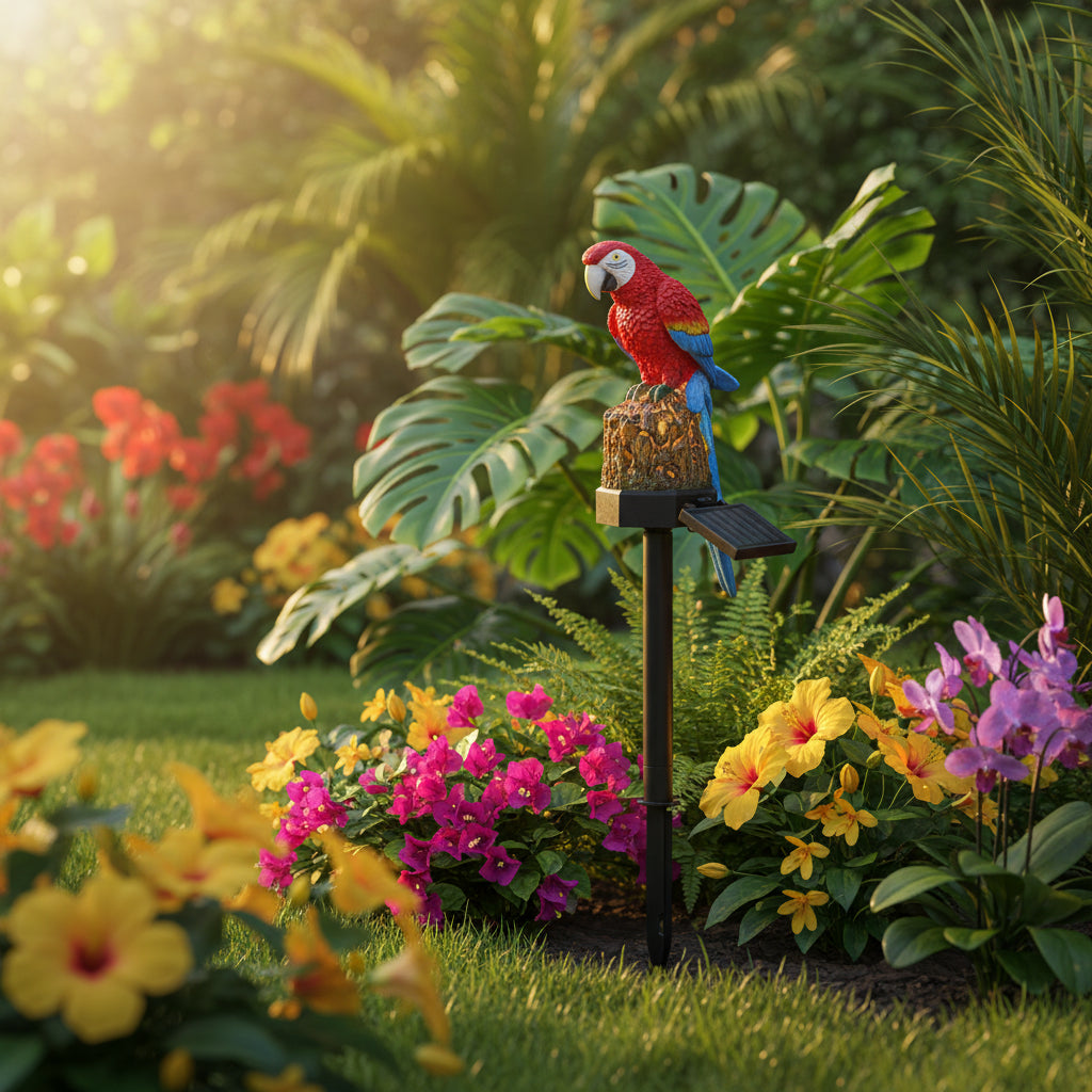 Two solar-powered parrot garden stakes on a white background
