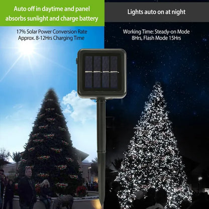Solar light with text on solar power conversion rate and charging time, shown in daytime and nighttime settings.