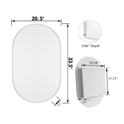 20x34 Inch Oval Recessed Metal Frame Bathroom Wall Cabinet with Mirror & Adjustable Shelves