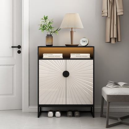 A modern 5-tier shoe storage cabinet with doors, featuring a matte black frame and white cabinet doors with a sunburst design, placed in an organized entryway setting.