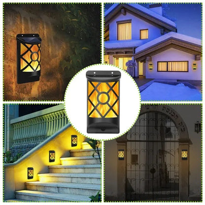 Solar wall lights in various outdoor settings including a house, staircase, and gate.