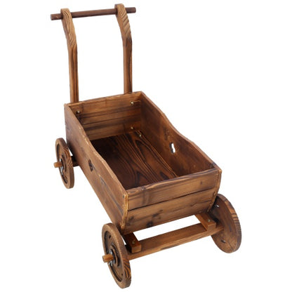 Wooden Wagon Planter Box – Mobile Garden Planter with 4 Wheels & Handle | Rustic Outdoor & Indoor Decorative Flower Cart
