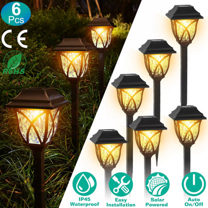 Solar-powered outdoor lights with CE, RoHS, IP45 waterproof, easy installation, solar powered, and auto on/off features.