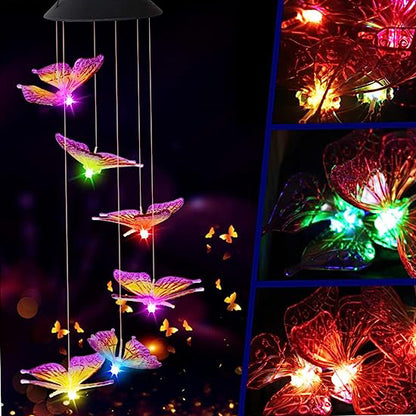 Butterfly-shaped LED string lights with colorful illumination on a dark background.