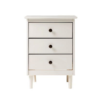 White three-drawer nightstand on a white background