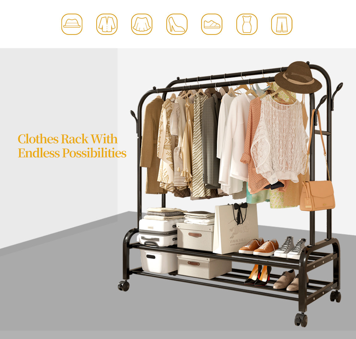 Heavy-Duty Metal Double Bar Clothes Hanger with Wheels – Adjustable & Mobile Closet Organizer