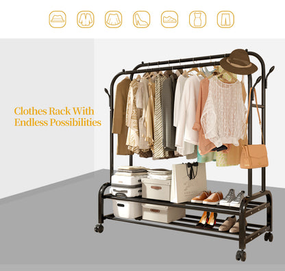 Heavy-Duty Metal Double Bar Clothes Hanger with Wheels – Adjustable & Mobile Closet Organizer