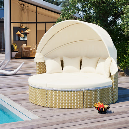 Luxury Outdoor Round Sectional Sofa Set | Premium Rattan Sunbed with Retractable Canopy