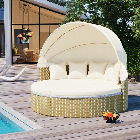 Luxury Outdoor Round Sectional Sofa Set | Premium Rattan Sunbed with Retractable Canopy
