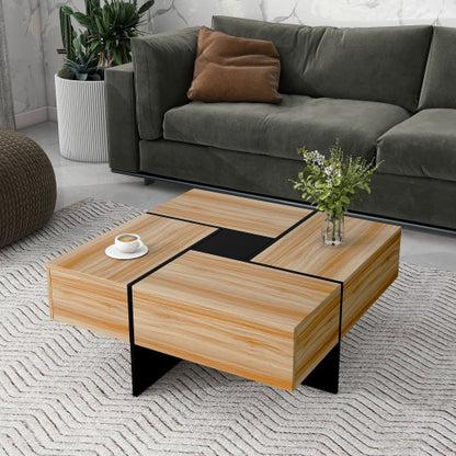 A square coffee table with a sliding tabletop featuring hidden storage compartments, placed on a patterned rug in a living room setting, with a sofa and decorative items in the background.