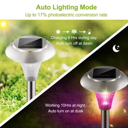 Solar garden light with auto lighting mode features on a green and black gradient background.