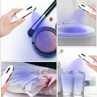 Collage of a handheld device with LED lights used for cleaning various surfaces.