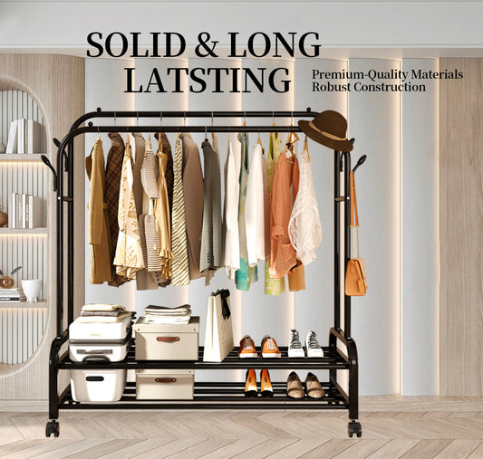 Heavy-Duty Metal Double Bar Clothes Hanger with Wheels – Adjustable & Mobile Closet Organizer