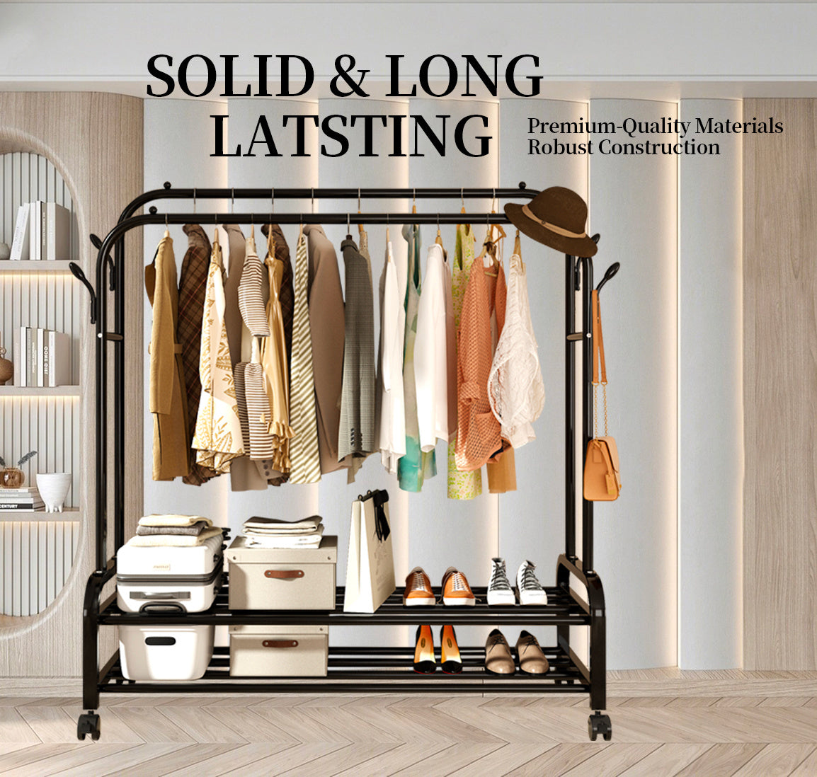 Heavy-Duty Metal Double Bar Clothes Hanger with Wheels – Adjustable & Mobile Closet Organizer