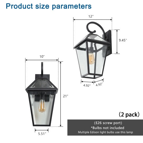 Viva Elite Outdoor Wall Lanterns - 2-Pack Waterproof Black Farmhouse Sconces