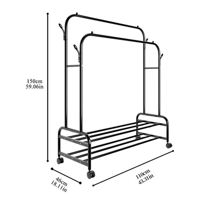 Heavy-Duty Metal Double Bar Clothes Hanger with Wheels – Adjustable & Mobile Closet Organizer