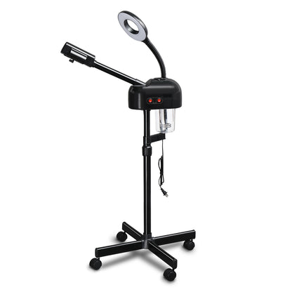 black rolling magnifier lamp positioned at a beauty workstation