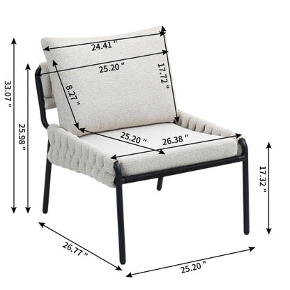 Modern Accent Lounge Chair With Braided Upholstery And Metal Frame, Comfortable Armchair For Living Room Or Bedroom, Soft Cushioned Seat And Backrest, Set Of 1