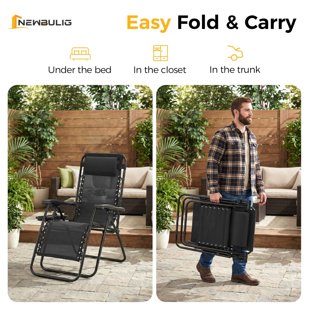 Foldable chair shown in various settings with text indicating ease of storage.