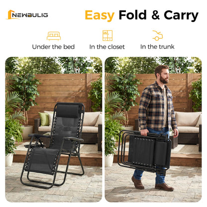 Foldable chair shown in various settings with text indicating ease of storage.