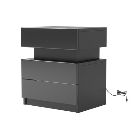 black LED bedside table with two storage drawers