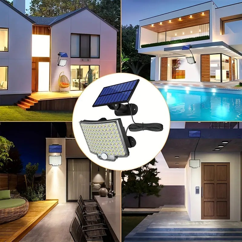 Solar light fixture with outdoor home settings including a pool, patio, and house exterior.