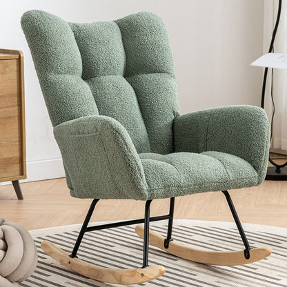 Green Teddy Fabric Wingback Rocking Chair with Side Pocket | Viva