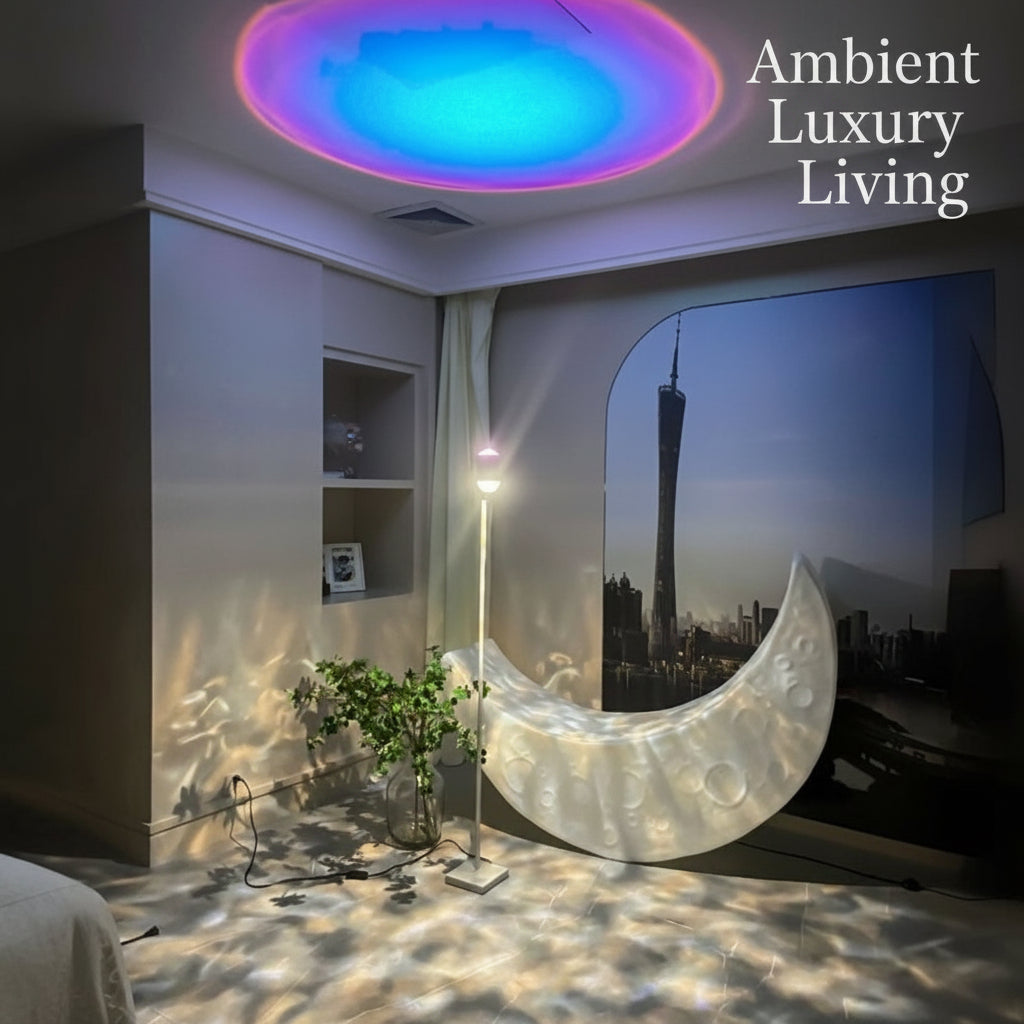 Modern room interior with colorful ceiling light, moon-shaped lamp, and cityscape view.