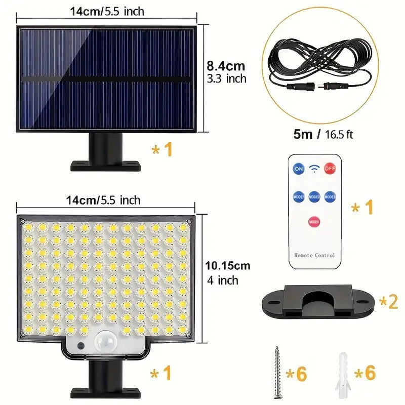 Solar light kit with solar panel, LED lights, remote control, and mounting hardware on a white background.