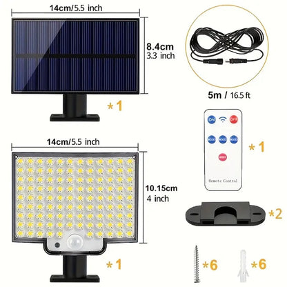 Solar light kit with solar panel, LED lights, remote control, and mounting hardware on a white background.